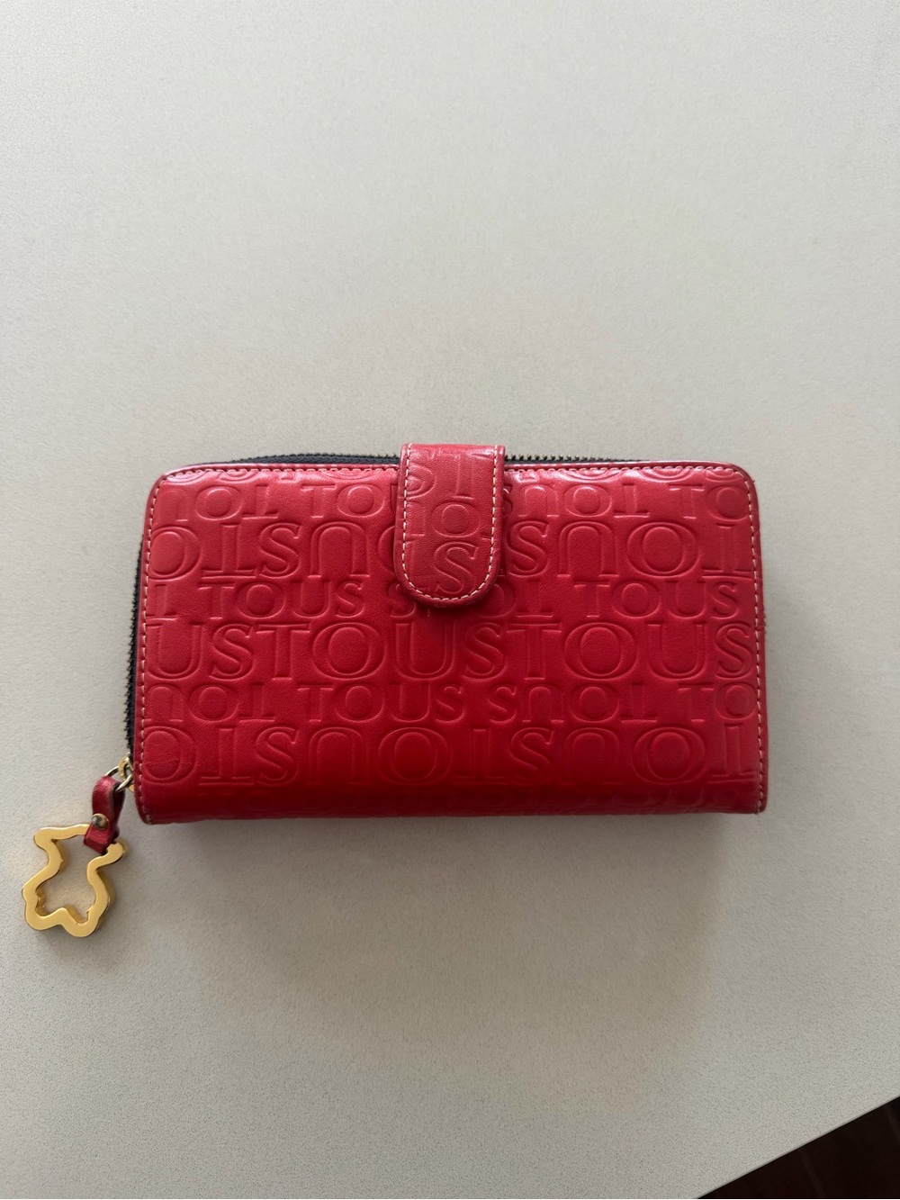 Tous Red Embossed Leather Zip Wallet with Star Charm Accent